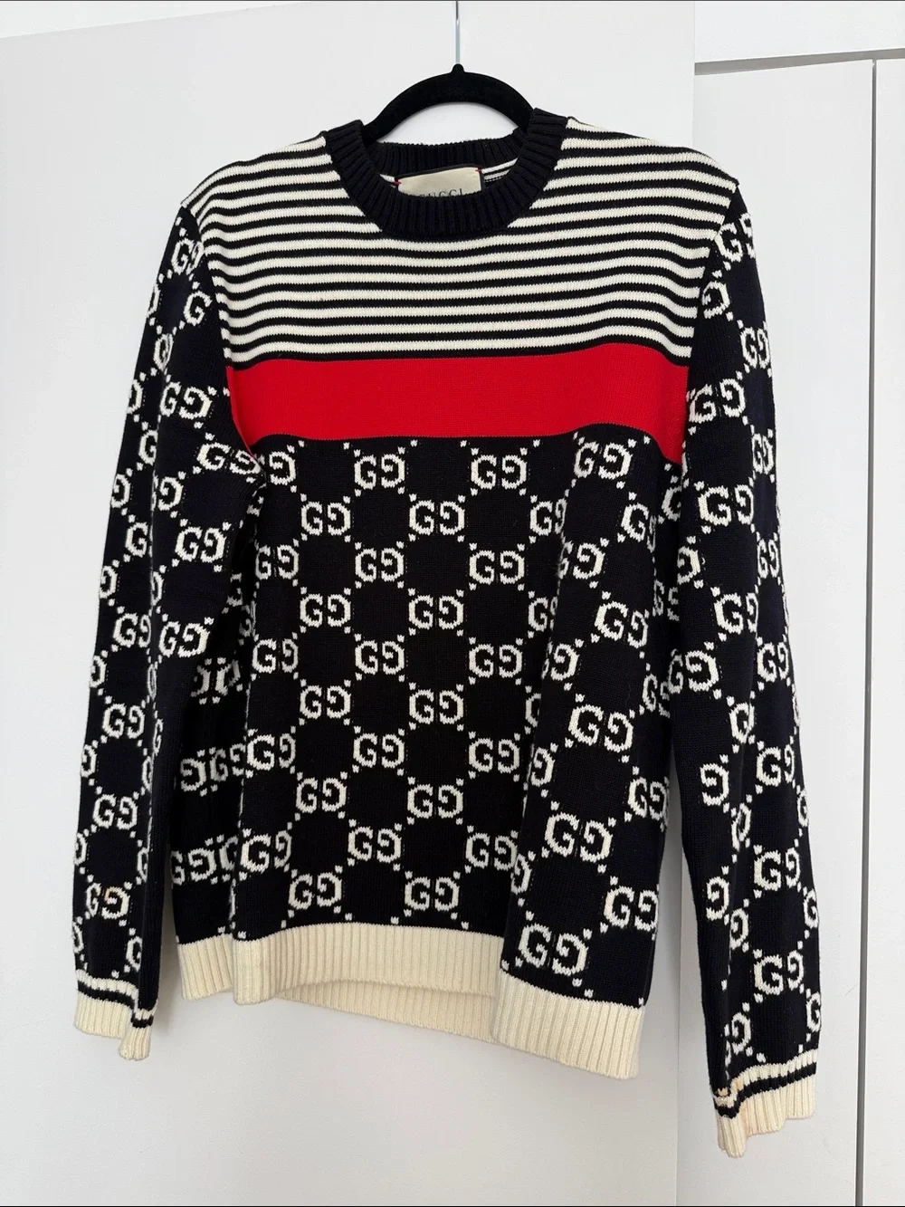 Gucci Black, White & Red GG Jacquard Crewneck Sweater